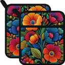 FREEBLOSS 2Pcs Boho Florals Pattern Pot Holders for Kitchen Cotton Potholder Heat Resistant Oven Hot Pads Hot Pot Holder for Cooking Baking 7.9x9.5in/20x24cm