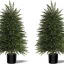 3FT Artificial Cedar Trees Set of 2, Realistic Faux Evergreen Topiary Bushes Plants, Outdoor Potted Fake Cypress Shrubs for Front Porch Garden Home Living Room Decor