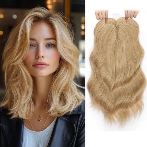 TYQ Hair Toppers for Women with Thinning Hair,14 Inch 360° 3D Synthetic Curly Wavy Side Part Clip in Bangs(Dark Root to Blonde)