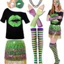 SATINIOR 6 Pcs Mardi Gras Outfit for Women Mardi Gras Costume Purple Sequin T-Shirt Skirt with Feather Mask Beads Necklaces (Medium, Green)