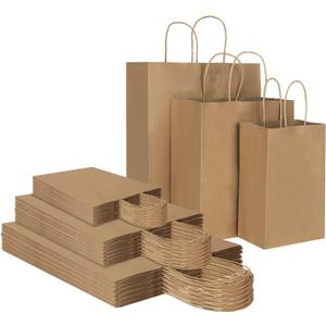 Toovip 90 Pack Plain Brown Kraft Paper Bags with Handles Bulk, Multiple 3 Assorted Sizes Gift Bags for Favors Grocery Retail Party Birthday Shopping Business Goody Craft Merchandise Take Out Sacks