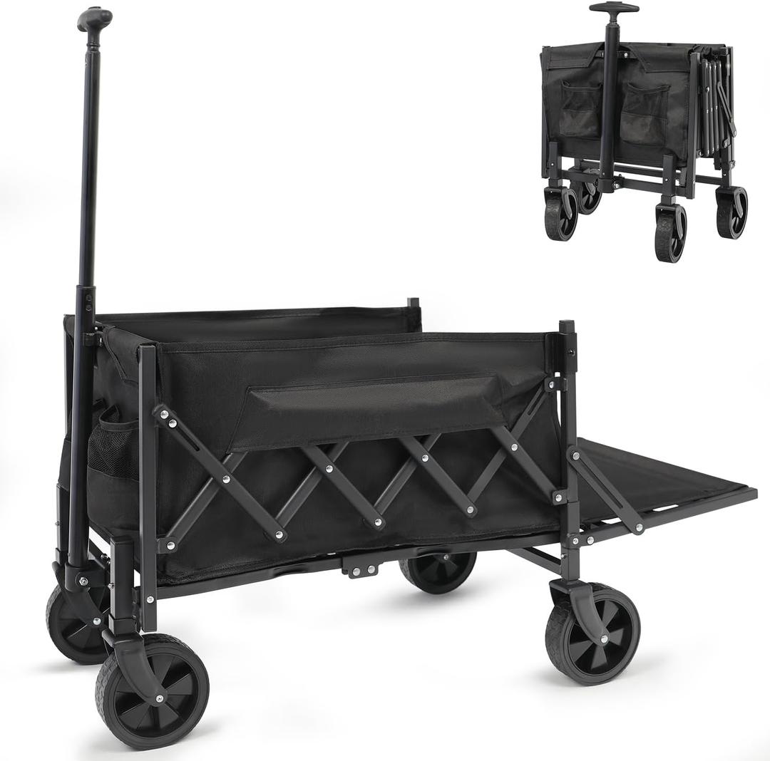 Collapsible Foldable Wagon, Beach Cart Large Capacity, Heavy Duty Folding Wagon Portable, Collapsible Wagon for Sports, Shopping, Camping (Black, 1 Year Warrant)