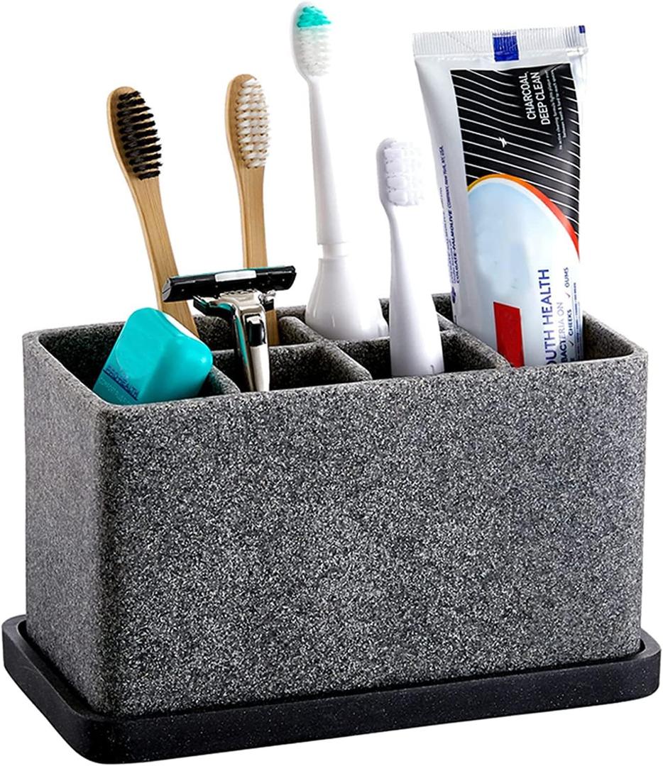ZCCZ Toothbrush Holder, 6-Slot Bathroom Organizer for Countertop Storage, Holds Toothpaste, Dental Floss, Razor, Comb, Makeup Brushes, and More, Compact Tooth Brushing Stand for Efficient Organization (1. Granite)