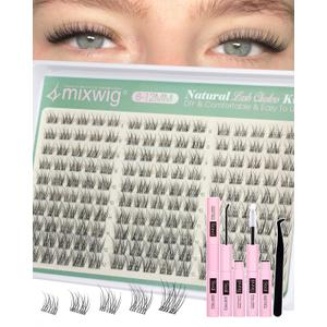 Short Lash Clusters Kit 8-12MM Natural Lash Extension kit Invisible Band Eyelash Clusters Wispy Cluster Eyelash Extensions C Curly DIY Cluster Lashes Bond and Seal Tweezers by Lvmixwig