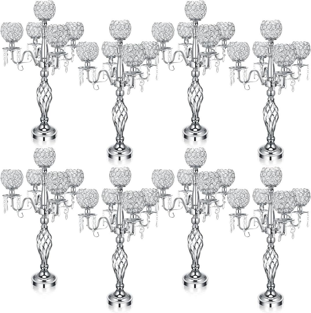 Nitial 5 Arm Crystal Candelabra Centerpieces for Tables 27 Inch Tall Crystal Candle Holders Bowl Candelabra Table Centerpieces Decor for Wedding Christmas Dinner Party Events (Silver,8 Pcs)