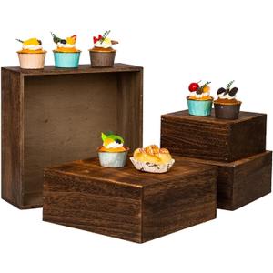 Vintage Brown Square Wooden Cake Stands For Display,Set Of 4 Wood Cupcake Stands Risers, 12 Inches Rustic Wood Crates For Wedding Cake Display, (Vintage Brown)