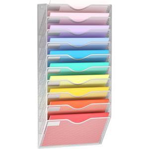 10 Pockets Mesh Hanging Wall File Holder Organizer Wall Mounted Paper Magazine Rack, Silver