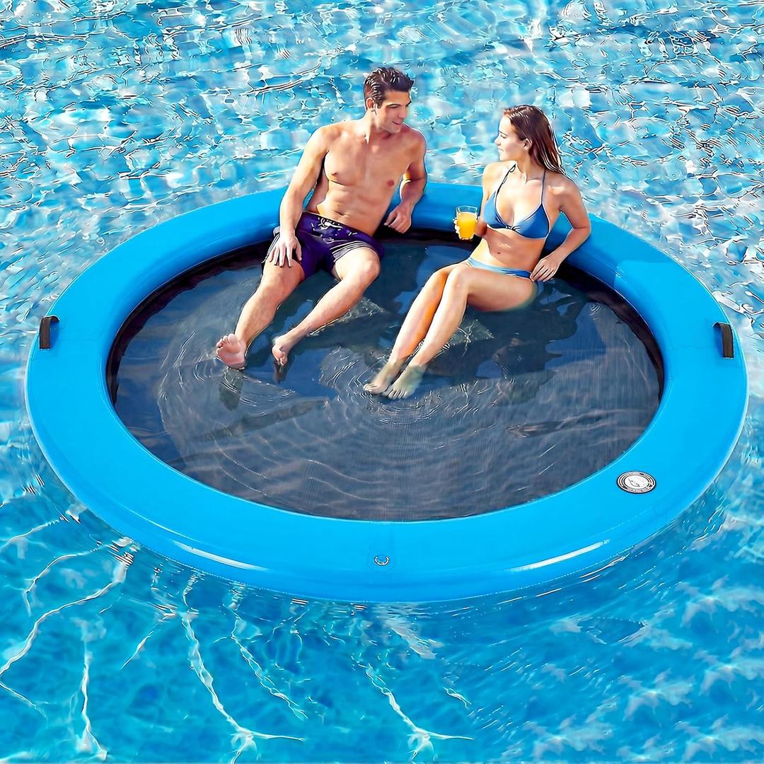 6-12FT Round Inflatable Floating Dock, Sunchill Float Ring, Water Hammock Tanning Pool Floats with Woven Fabric, Manual Pump for Quick Inflate/Deflate, Fits 2-8, Ideal for Lakes, Oceans