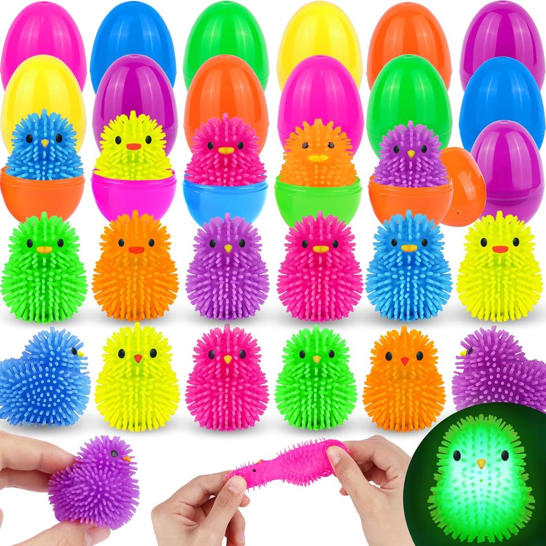 2 x 18 Pack Easter Eggs Filled Chick Duck LED Puffer Balls Easter Basket Stuffers for Kids Boys Girls, Light Up Squeeze Sensory Ball Fidget Toys for Easter Egg Fillers Easter Egg Hunt Party Favor Gifts
