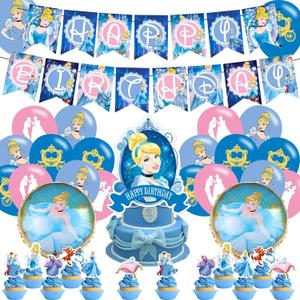 Cinderella Party Decorations,Birthday Party Supplies For Princess Cinderella Party Supplies Includes Banner - Cake Topper - 12 Cupcake Toppers - 18 Balloons - 2 Cinderella Foil Ballons
