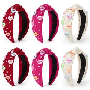 Hoteam 6 Pieces Valentine Headband for Women Beaded Love Heart Headband Pearl Rhinestone Crystal Jeweled Knotted Hairband for Valentine Hair Accessories Gifts(Red, Rose Red, White)