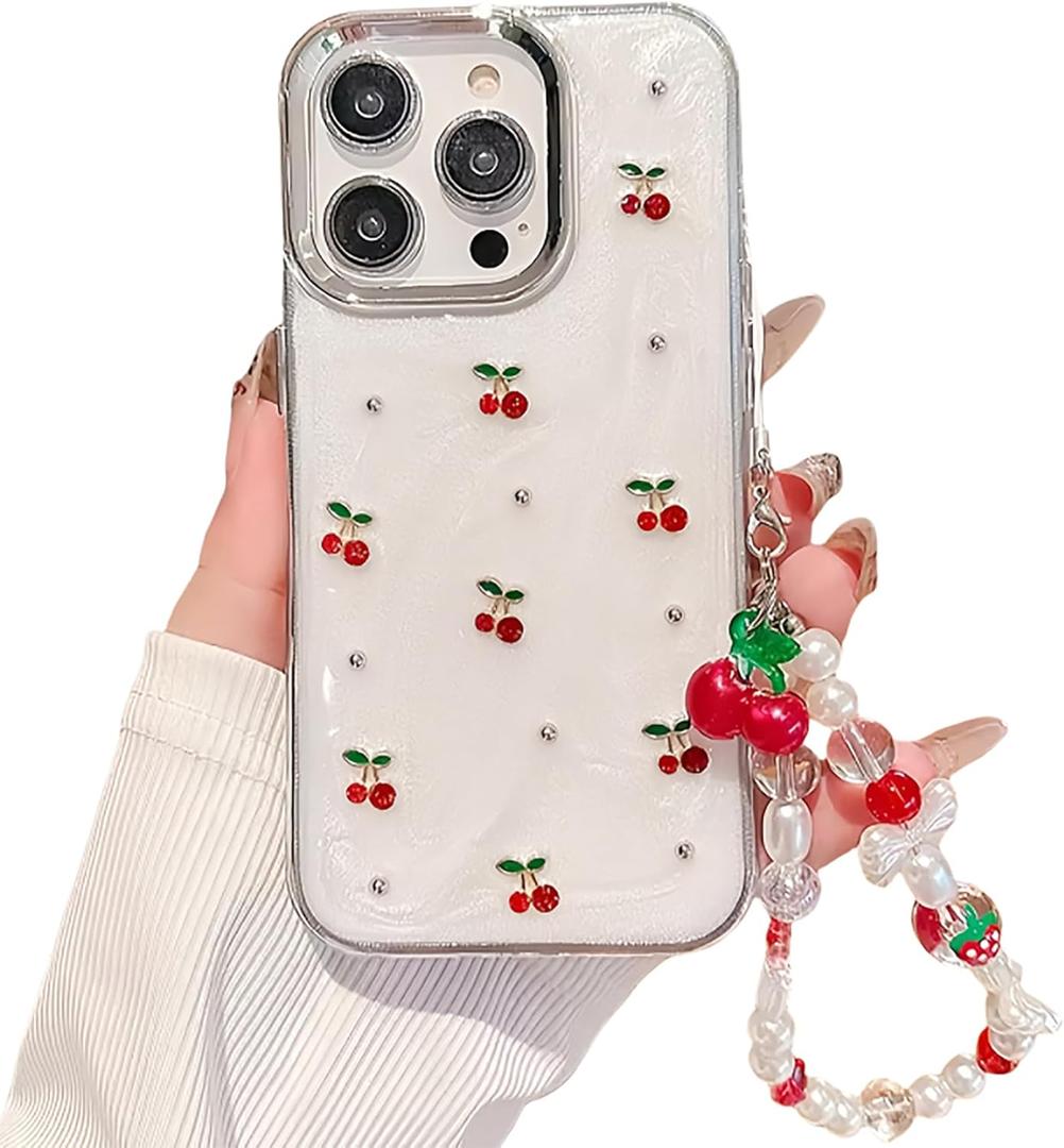 Cute Case for iPhone 16 Pro Max,Red Cherry Pearls Case,with Phone Charm Chain,Flowers Fruit for Women Girls Designed Shockproof Cover for iPhone 16 Pro Max-White