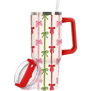 40oz Bow Tumbler with Handle Pink Red Green Bowknot Tumbler with Lid Straw Christmas Stainless Steel Cup Gifts for Woman Girls Xmas Winter Home Office Travel