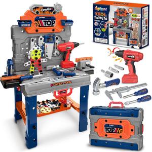Kids Tool Bench with Realistic Electric Drill, 132 PCS Toddler Tool Set, Birthday Toys for Kids Ages 3 4 5 6 7 8, Toddlers Tool Box & Workbench, Kid Tools Set for Boys Girls 3-5 6-8 (Orange)