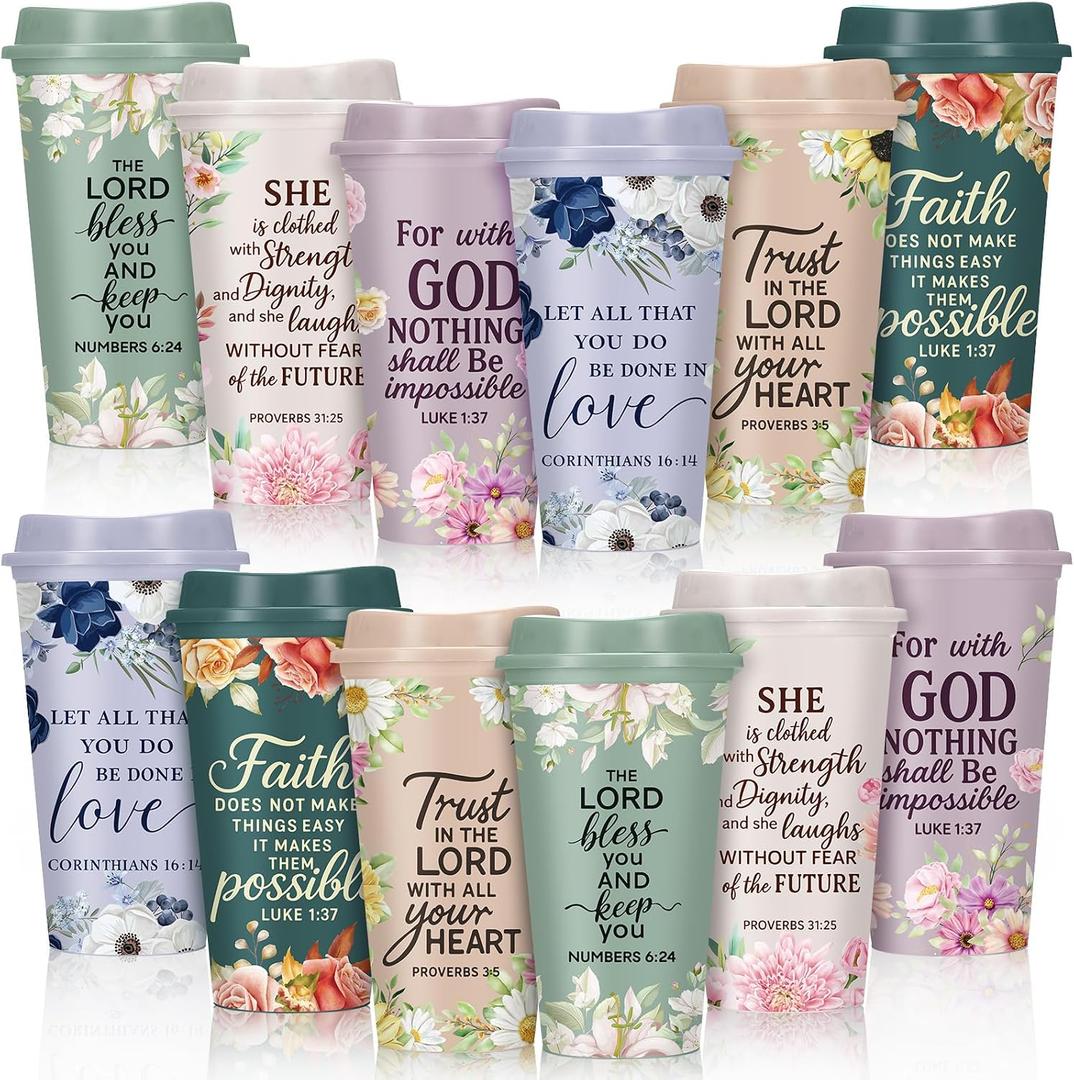 Skylety 12 Pack Christian Gifts for Women Mother's Day Scripture Coffee Cups with Lids 16 oz Bible Verse Tumbler PP Travel Coffee Mug for Mom Teachers Pastor Wife Church Party Favor(Delicate)