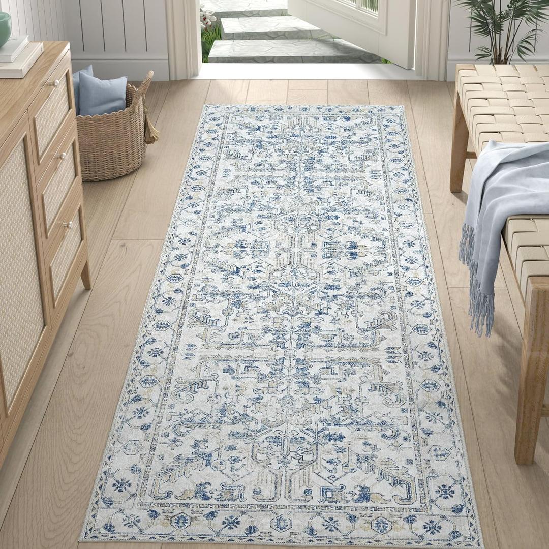jinchan Runner Rug 2x5 - Vintage Hallway Machine Washable Rug Floral Non Slip with Rubber Backing Ultra-Thin Carpet Runner for Kitchen Bedroom Laundry Room Farmhouse Entryway (2x5ft,Blue)