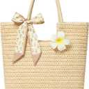 Straw Tote Bag for Women, Large Summer Beach Bag with Polka Dot Scarf & Plumeria Flower (Beige)