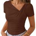 ZESICA Womens Summer Asymmetrical T Shirts Ruched Fitted Y2K Going Out Tops 2026 Spring Fashion Outfits Casual Work Blouse, Brown, L