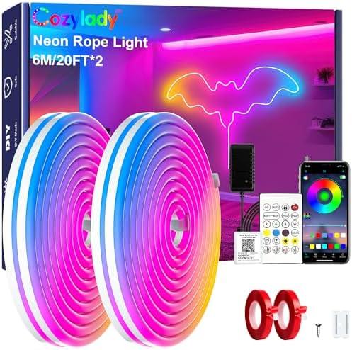 Cozylady 40Ft (20Ft *2 Rolls) RGB LED Neon Rope Lights for Bedroom, 12m LED Strip Lamp with Double Sided Adhesive Tape, App/Remote Control DIY Lights Decorate The Outdoor and Indoor of Your Home