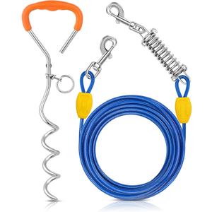Petbobi Dog Tie-Out Cable and Stake - 20ft Heavy Duty Cable with Spring, No Tangle, 16in Ground Stake, Ideal for Yard, Camping and Beach, Suitable for Small Medium Large Dogs Up to 120 lbs, Blue