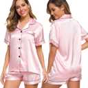 SWOMOG Womens Silk Satin Pajamas Set Short Sleeve Sleepwear Button Down Top and Shorts Loungewear 2 Piece Pjs Set XS-3XL (Medium, Pink)