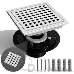 6 Inch Square Shower Drain with Flange,Brushed Nickel Shower Drain SUS 304 Stainless Steel Shower Floor Drain,Grid Quadrato Modern Bathroom Drain for Shower