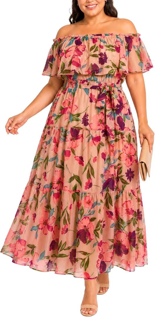 Plus Size Chiffon Off The Shoulder Maxi Long Floral Summer Casual Beach Boho Sundress Women 2024
