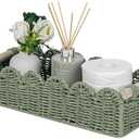 CubesLand Toilet Paper Storage Basket Scalloped Edge Home Decor Green Basket, Living Room Cozy Decor, Paper Rope Small Baskets for Over Toilet Storage Shelf, End Table, Shelves, with 2 Wooden Handles, Size: M - 14"L x 6.3"W x 3.9"H