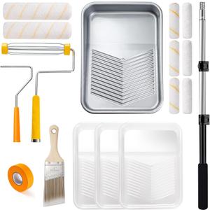 Mister Rui Paint Roller Kit with Extension Pole, 17 PCS Set, 9 Inch 4 Inch Paint Rollers with Tray, Paint Brushes for DIY & Professional Painting Projects, Complete Set for Home Improvement