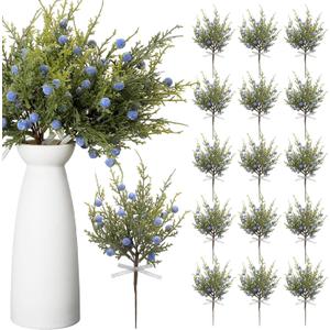 Lyrow 15 Pcs Artificial Pine Leaves Branches with Berries Artificial Juniper Cedar Spray Greenery Pine Twigs Stems Pick for Craft DIY Christmas Garland Wreath and Winter Indoor Outdoor Decorations
