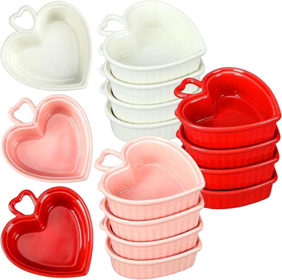 12 Pcs Heart Shaped Ramekin Creme Brulee Ramekins Oven Safe 3.5 Inch Heart Shaped Dishe Small Baking Ceramic Bowls for Souffle Snacks Quiche Appetizers Sauces, 3 Colors