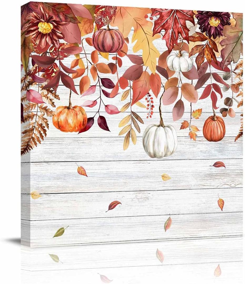 Orange Brown Eucalyptus Leaves Pumpkins Fall Canvas Wall Art Autumn Thanksgiving Watercolor Leaf Vintage Wood Grain Framed Modern Wall Decor Gallery Canvas Wraps Giclee Print Ready to Hang 12" x 12"