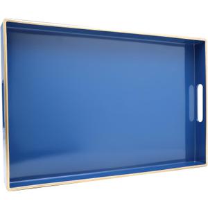 Spsyrine Blue Decorative Serving Tray with Handles, Elegant Plastic Coffee Table Tray for Ottoman, Living Room, Home Decor 15.6" X 10.2"