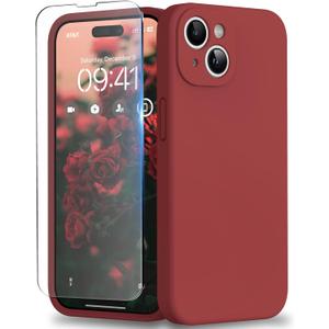 Compatible with iPhone 15 Case, Liquid Silicone Upgraded Camera Protection Case with Screen Protector Soft Microfiber Lining Shockproof Protective Phone Cover 6.1", Red