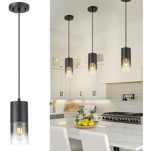 Black Pendant Lights Kitchen Island, Modern Hanging Lights Fixtures with Cylinder Black Gradient Glass, Industrial Kitchen Pendant Lighting Over Island for Dining Room, AD-24023-1P-BK-SM