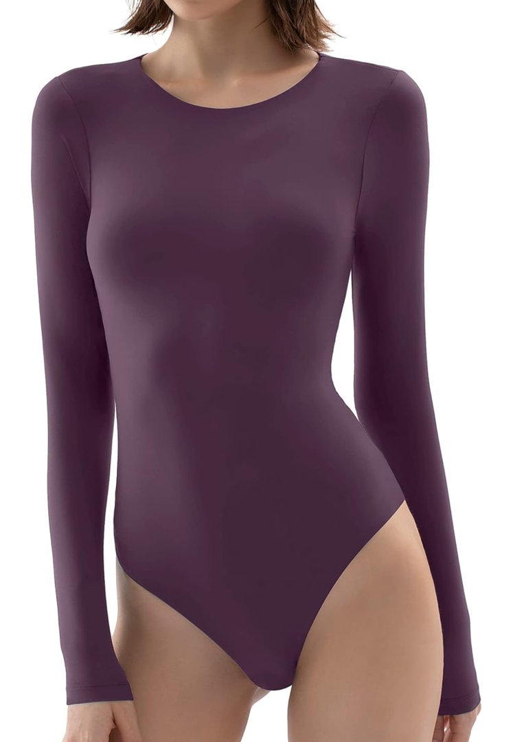 PUMIEY Women's Crew Neck Long Sleeve Bodysuit Second-skin Feel Tops Smoke Cloud Collection L