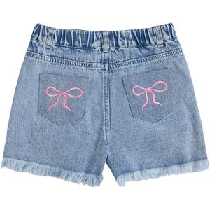WDIRARA Girl's Bow Embroidered Ripped Denim Shorts Elastic High Waisted Raw Hem Jean Shorts