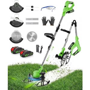 21V Weed Wacker Cordless,Weed Eater String Trimmer with 2x5.0ah Battery and Charger,3-in-1 Brush Cutter Weed Cutter Lawn Edger with 3 Types Blade & Wheels Lightweight for Garden & Yard Lawn