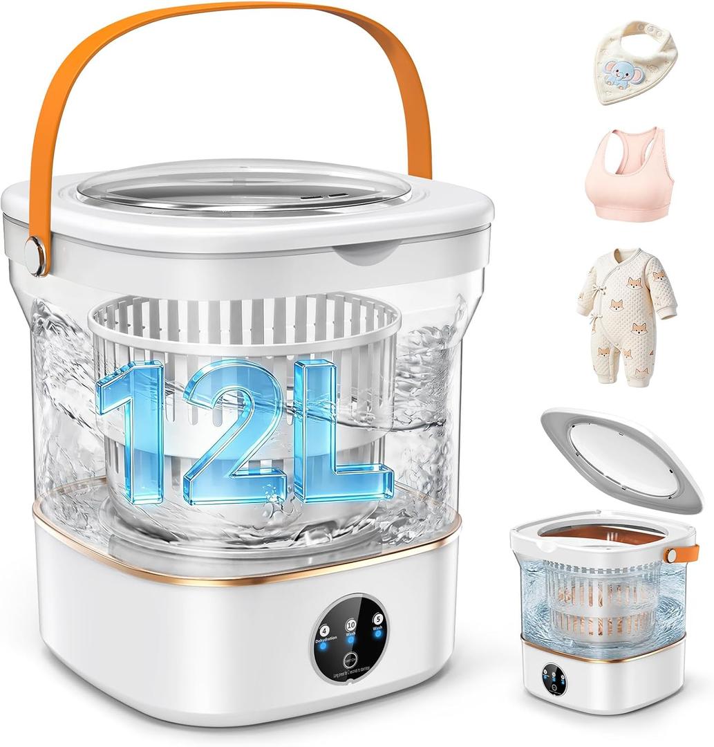 12L Portable Washing Machine, Mini Washer with 5/10-Min Cycles & Drain Hose | Compact Portable Washer for Baby Clothes, Underwear & Socks, Portable Laundry Machine for Apartments, Dorms & RVs