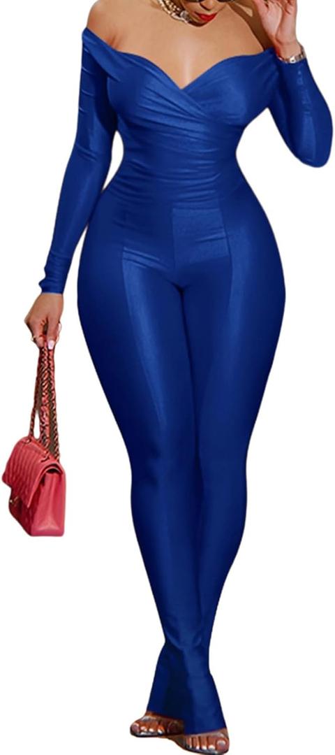 acelyn 2 Piece Outfits for Women Sexy Off Shoulder Tops Bodycon Flared Pant Sets Club Outfits Tracksuit (Blue, XL)