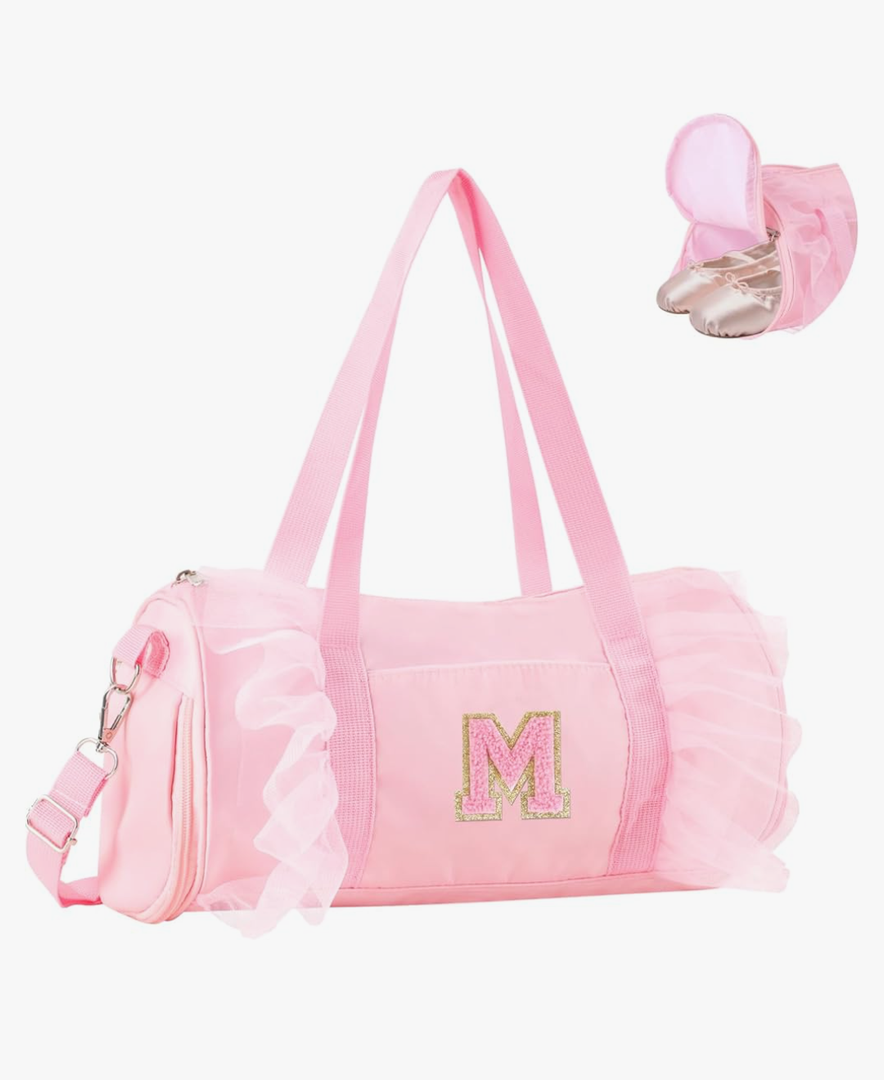 Personalized Initial Dance Bag for Girls 4-6, Small Lace Gym Sport Yoga Cheer Dance Bags Gift for Teen Girls, Cute Letter Kids Ballet Bag Toddler Travel Duffel Tote with Adjustable Straps(Pink-M)