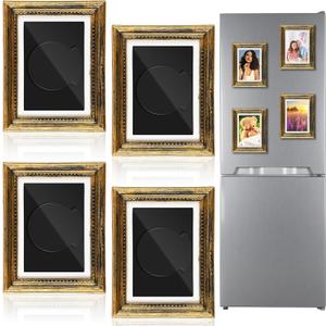 Geelin 4 Pcs Refrigerator Magnetic Vintage Frame 3.66 x 2.95 Inch Small Vintage Refrigerator Magnets Picture Frames Mini Antique Ornate Gold Photo Frame Insert for Photos Painting Stuck on Fridge