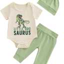 Hoanselay Toddler Infant Baby Boy Dinosaur Short Sleeve T Shirt Romper Pants and Hat Outfits 3pcs Summer Clothes Set (18-24 Months, Green)