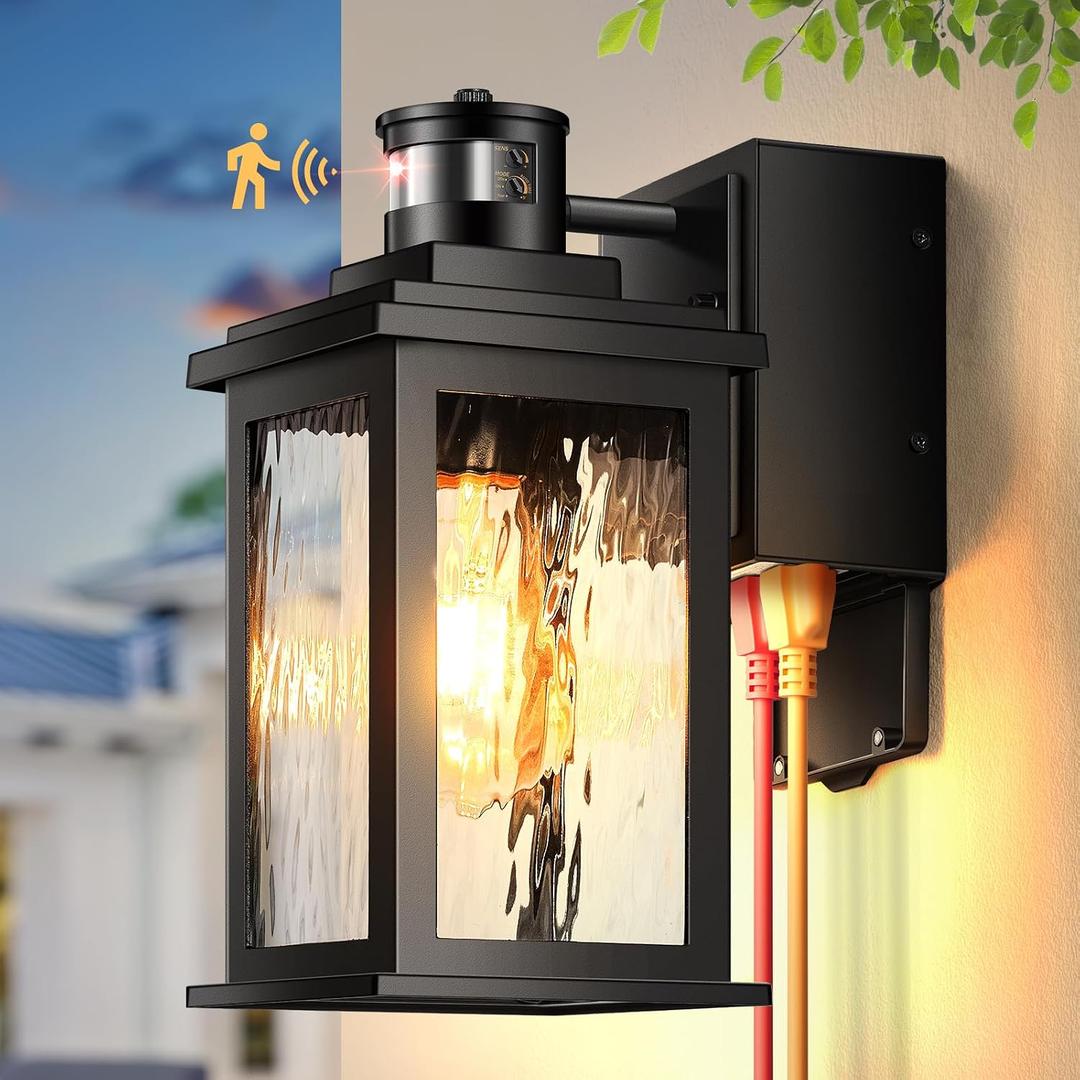 Gleamz Motion Sensor Outdoor Lights with GFCI Outlet, Dusk to Dawn Outdoor Lighting with Tempered Glass, Waterproof Anti-Rust Aluminum Outside Lights for House, Adjustable Sensitivity & Brightness