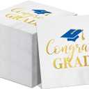 Jutom 100 Pcs Graduation Party Napkins Beverage Cocktail Foil Disposable Paper Napkins 2026 Hand Towels for Graduation Party Celebration Decorations(White Gold Blue)