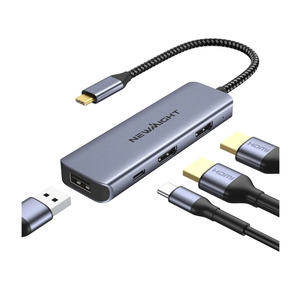 USB C Dual HDMI Adapter for 2 Monitors, Newmight 4-in-1 USB C to Dual Monitor HDMI Splitter, Supports Single 4K 60Hz and Dual 4K 30Hz, 100W PD, USB-A Port for MacBook, HP, Dell, iPhone 15/16 Series