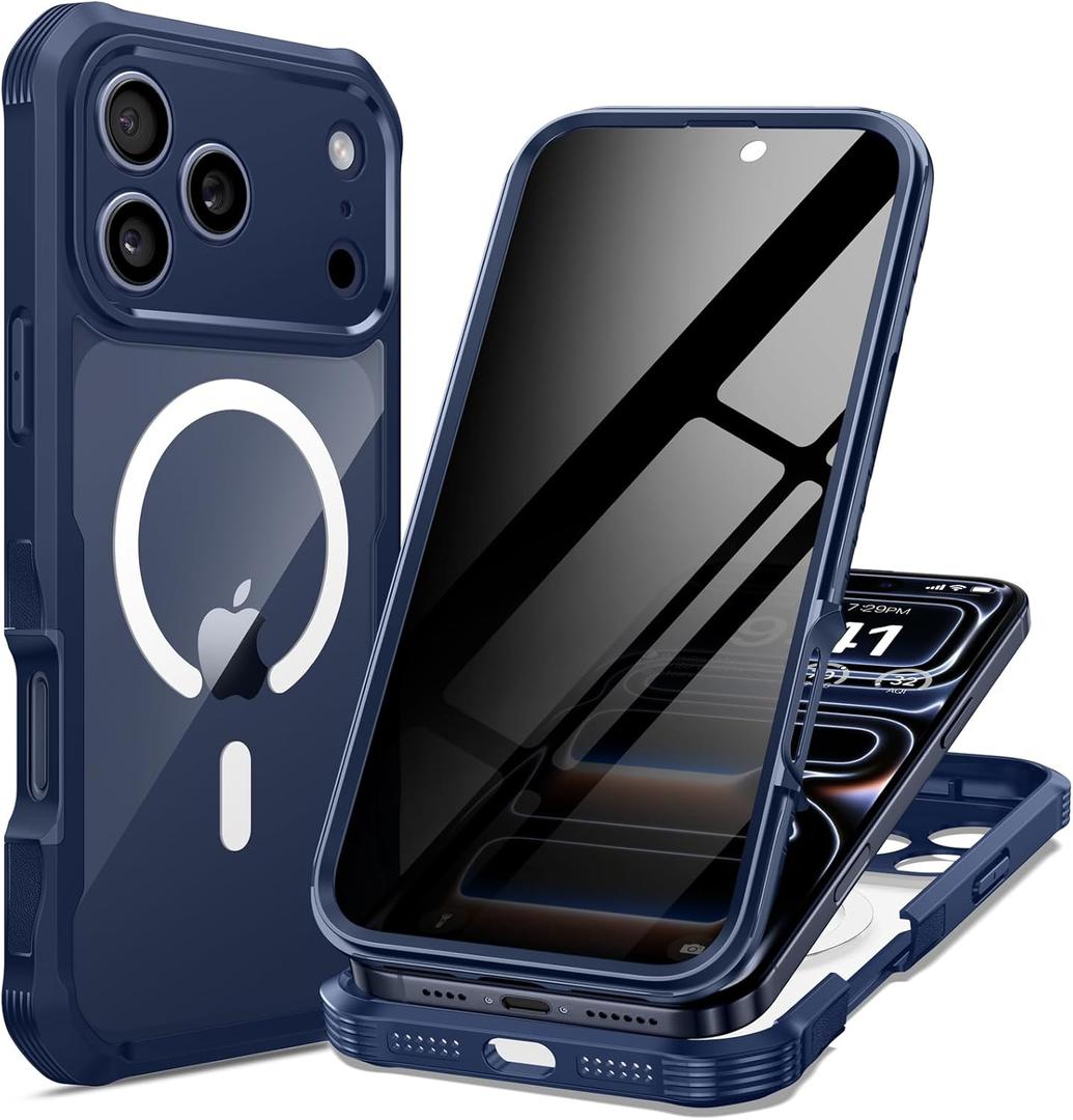 Seacosmo for iPhone 17 Pro Case, Full Body Bumper with Built-in Tempered Glass Privacy Screen Protector and Camera Lens Protection, Compatible with MagSafe, Shockproof Phone Case, 6.9", Deep Blue