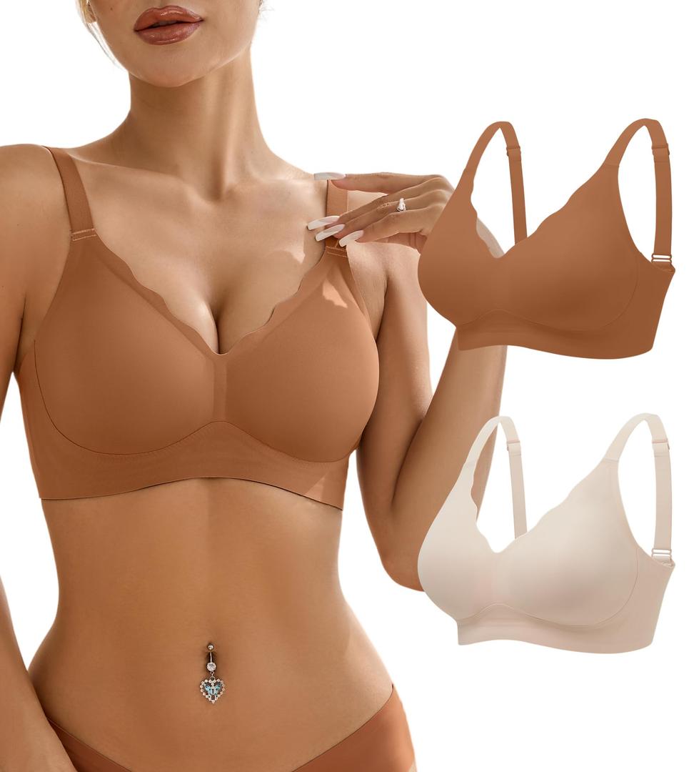Wireless Bras for Women Bralette - Womens Seamless Push Up Full Coverage Wirefree Padded Sleep Bra with Support and Lift 2pcs-nude/Coffee, Large