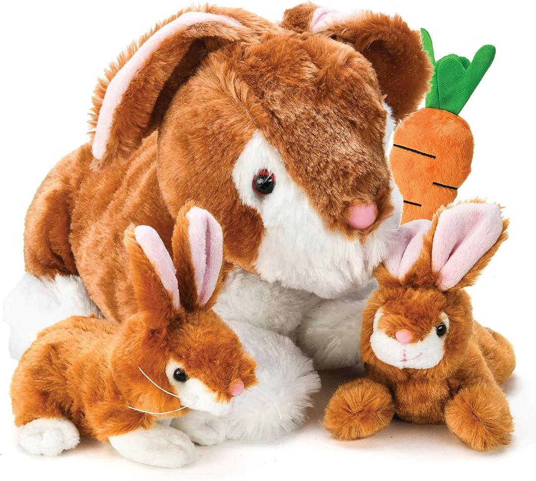 PREXTEX Plush Bunny Rabbit with Zippered Pouch for Little Baby Bunnies - Easter Bunny with Baby Bunnies Inside and a Cute Plush Carrot - Stuffed Animal for Easter Gifts and Baskets