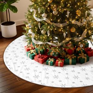 72 Inches Christmas Tree Skirt for Xmas Tree Holiday Party Decorations White Plush Silver Sequin Snowflake, Silver